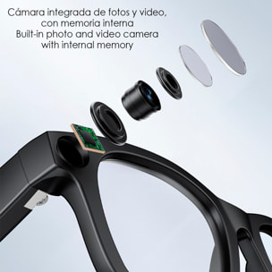 Occhiali intelligenti E2. Con fotocamera da 8MPX, video in 1080p, traduttore AI in tempo reale e controllo di musica/chiamate. Con lenti scure e trasparenti.