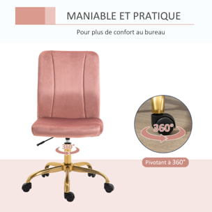 Vinsetto Chaise de bureau style Art déco hauteur réglable pivotante 360° piètement métal doré velours rose poudré