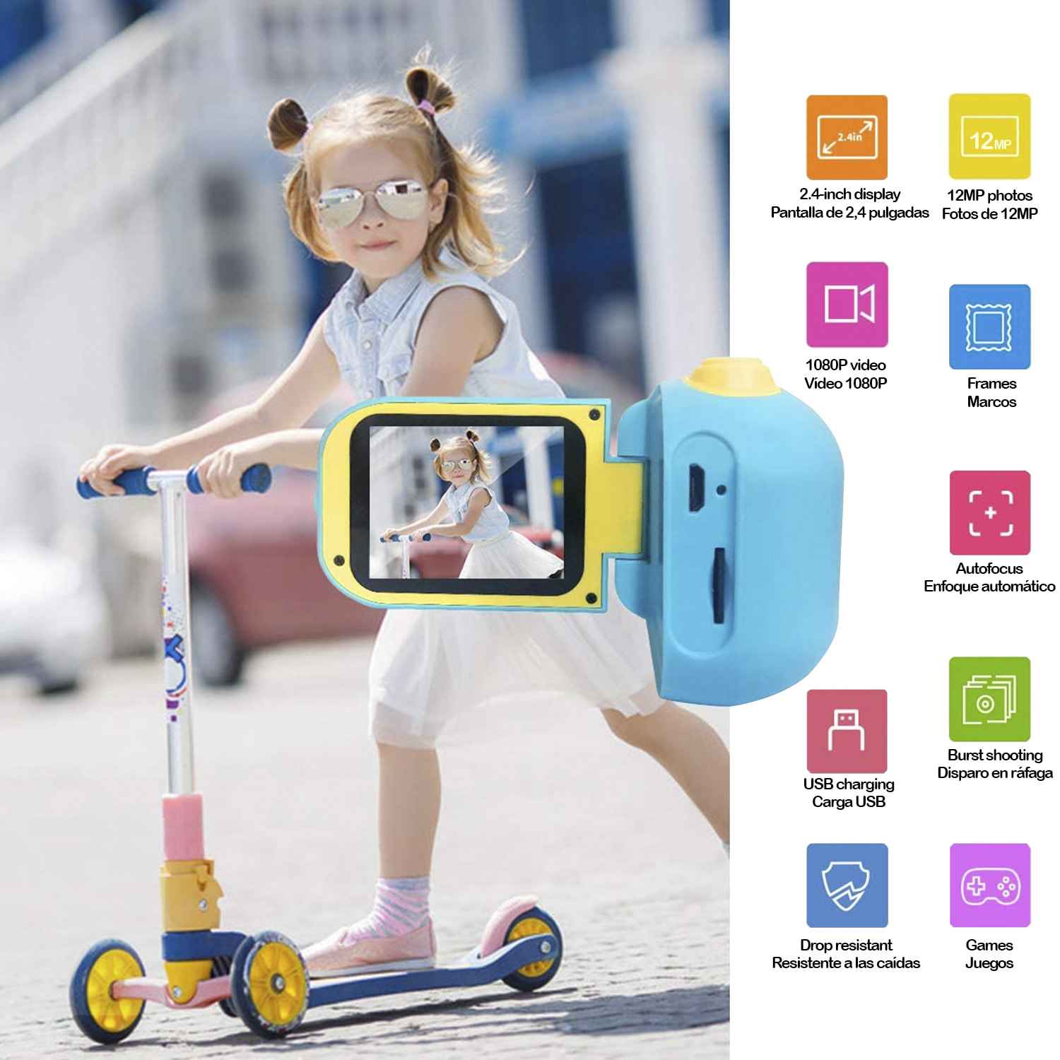 Fotocamera digitale per bambini di foto e video con giochi. Schermo pieghevole da 2,4". 12 mpx e video Full HD.