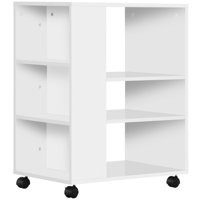 Armario para Impresora Mueble Auxiliar de Oficina con Ruedas con 3 Estantes Laterales y 2 Frenos Carga 30 kg para Dormitorio Cocina Salón 60x40x75,8 cm Blanco