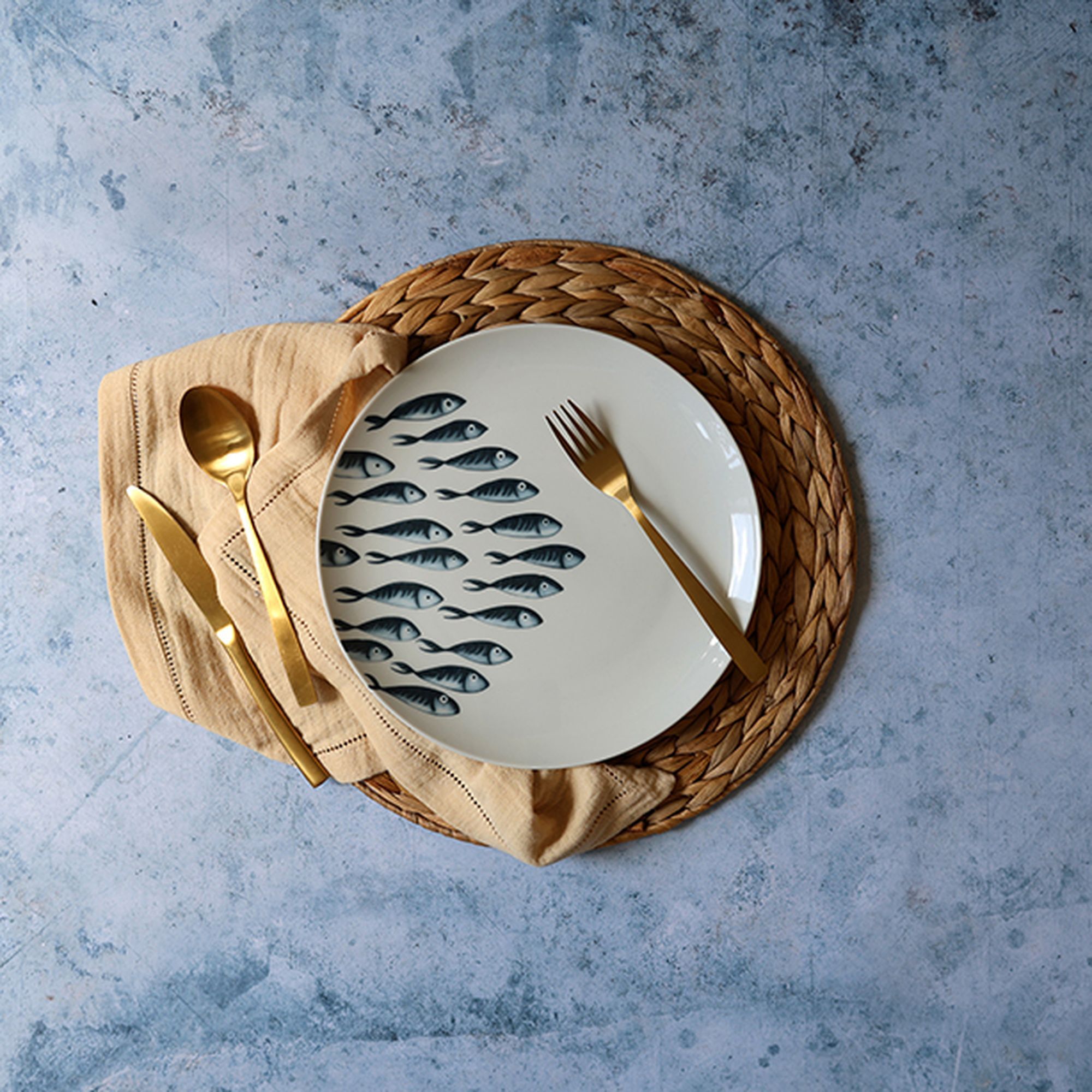Lot de 6 assiettes plates motif marin en porcelaine 26,5cm PESCARE