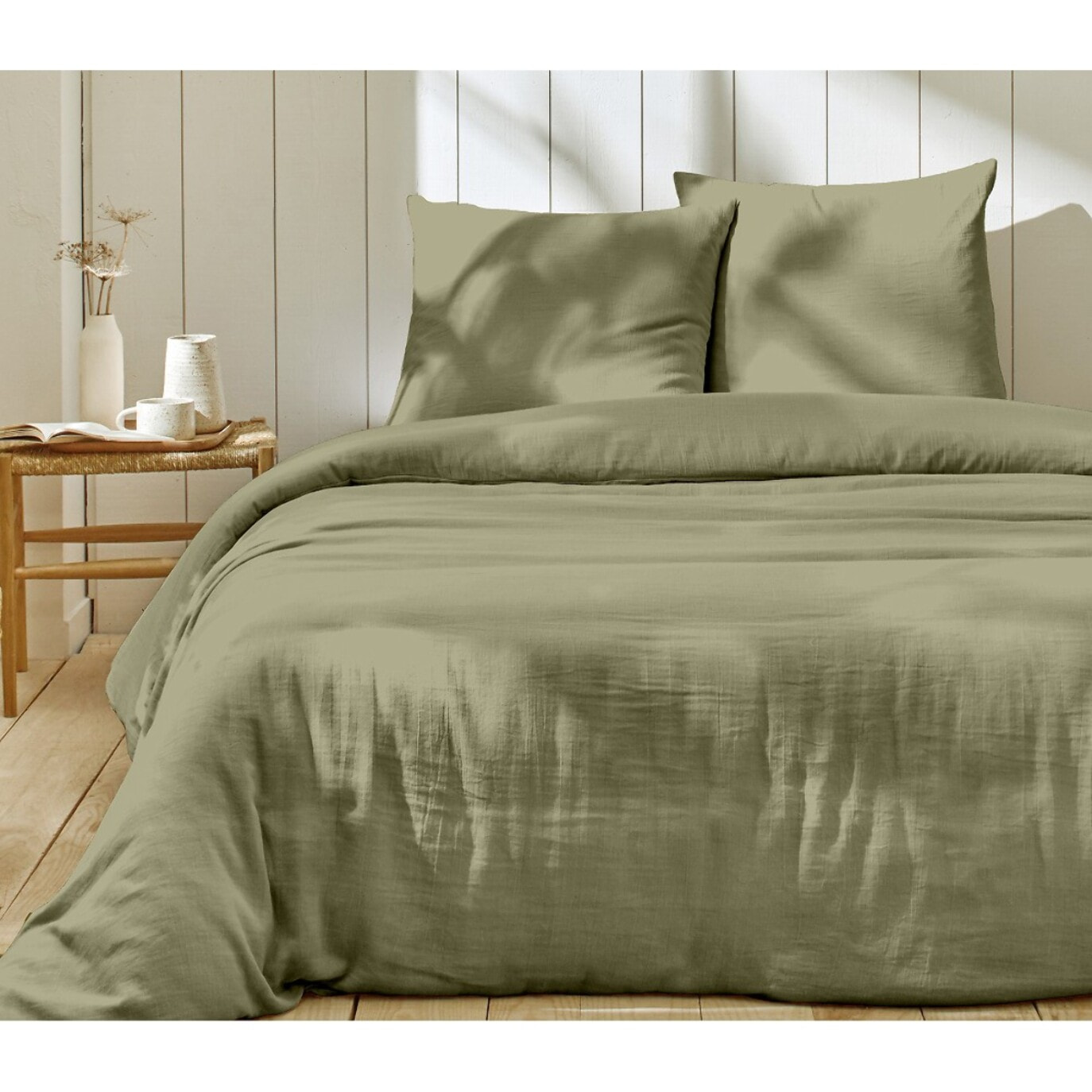 Parure housse de couette 3pcs 100% gaze de coton_vert de gris