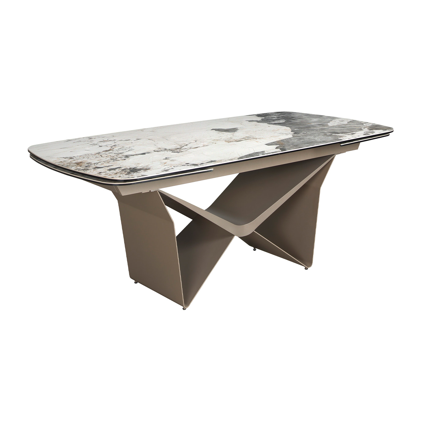 Mesa comedor extensible ovalada barril con tapa de mármol porcelánico blanco con vetas en tonalidades grises y marrones en acabado mate 200x100x76cm