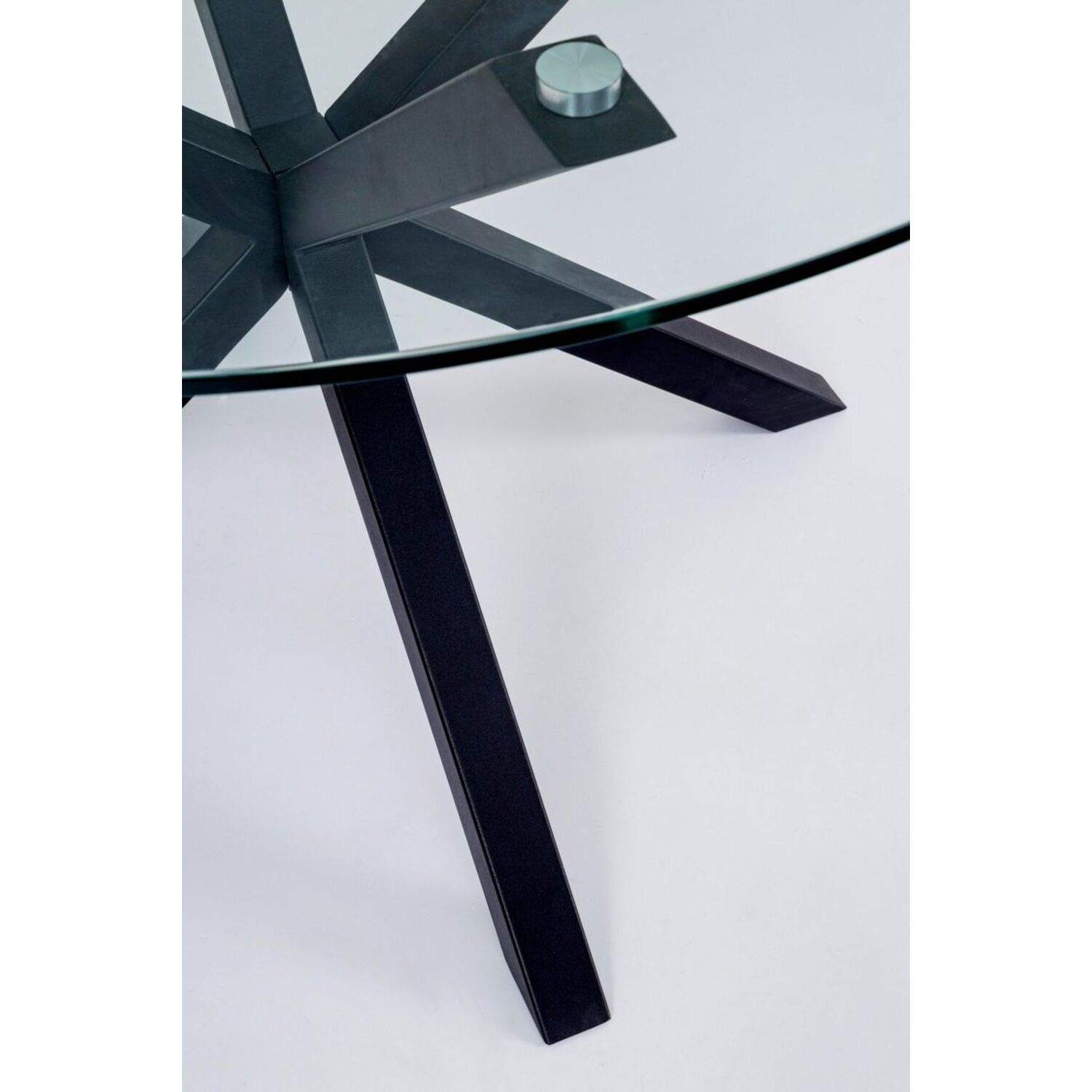 Tavolo rotondo MAY in vetro, gamba incrociata acciaio nero d114 cm