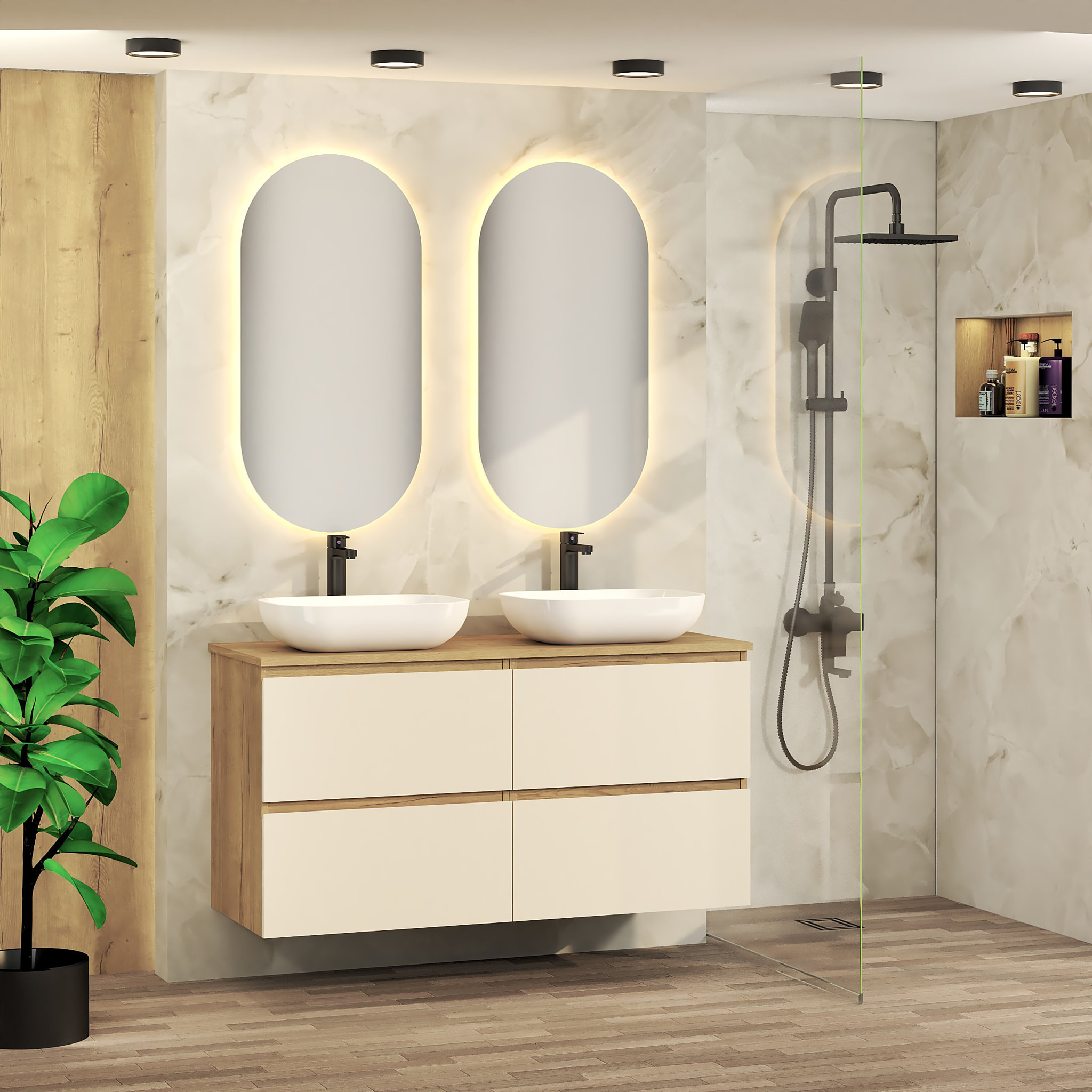 ENSEMBLE DE SALLE DE BAIN NIA | MEUBLE SUSPENDU | 120 CM GLACIER | QUATRE TIROIRS |LAVABO SUR PLAN | MIROIR NON INCLUS | MEUBLE MONTÉ | ALDAY