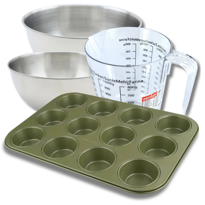 Set pâtisserie avec moule à 12 muffins revêtu cire de carnauba, 2 bols à mixer, verre mesureur et spatule Zenker