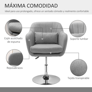 HOMCOM Taburete de Bar Giratoria 360° Silla de Oficina Cocina Peluquería con Altura Ajustable Respaldo Envolvente Reposabrazos y Cojín 60x60x79-91 cm Gris