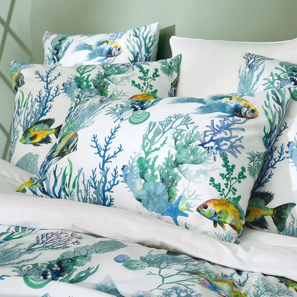 Lot h.couette +taies percale de coton imprimé bleu blanc Naia blanc