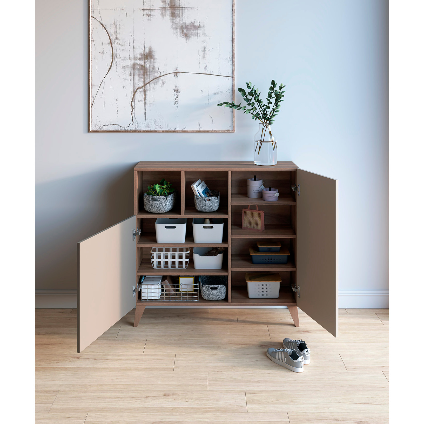 Zapatero Oslo melamina nogal puertas arena 87x90x27 cm