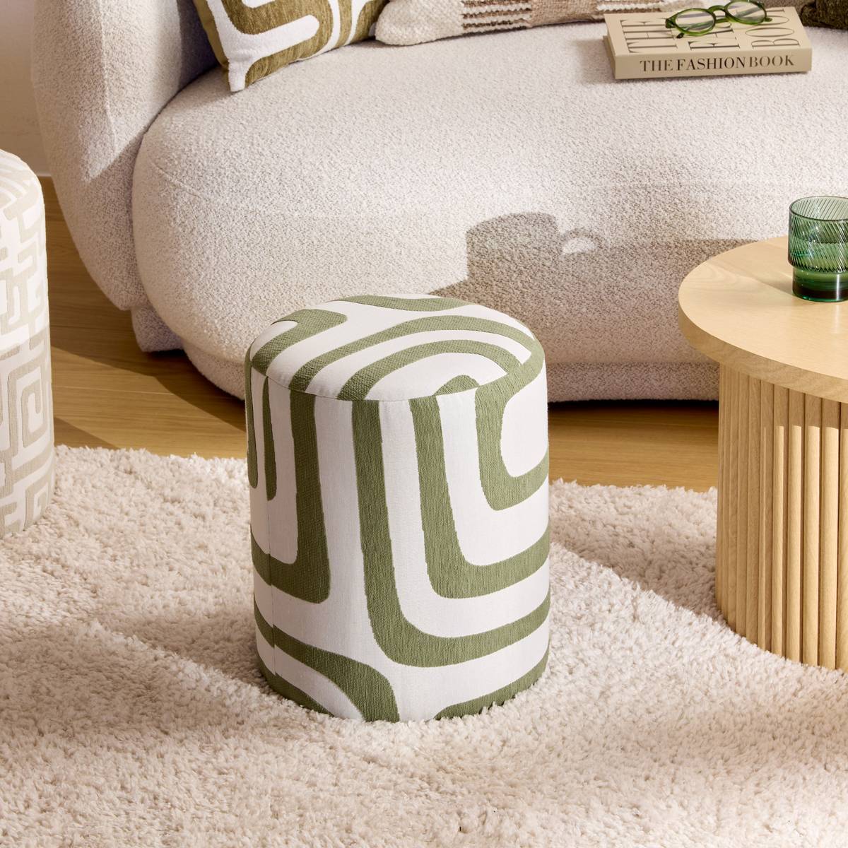 Pouf Rond Delor Vert Cèdre et Blanc 30x36 cm