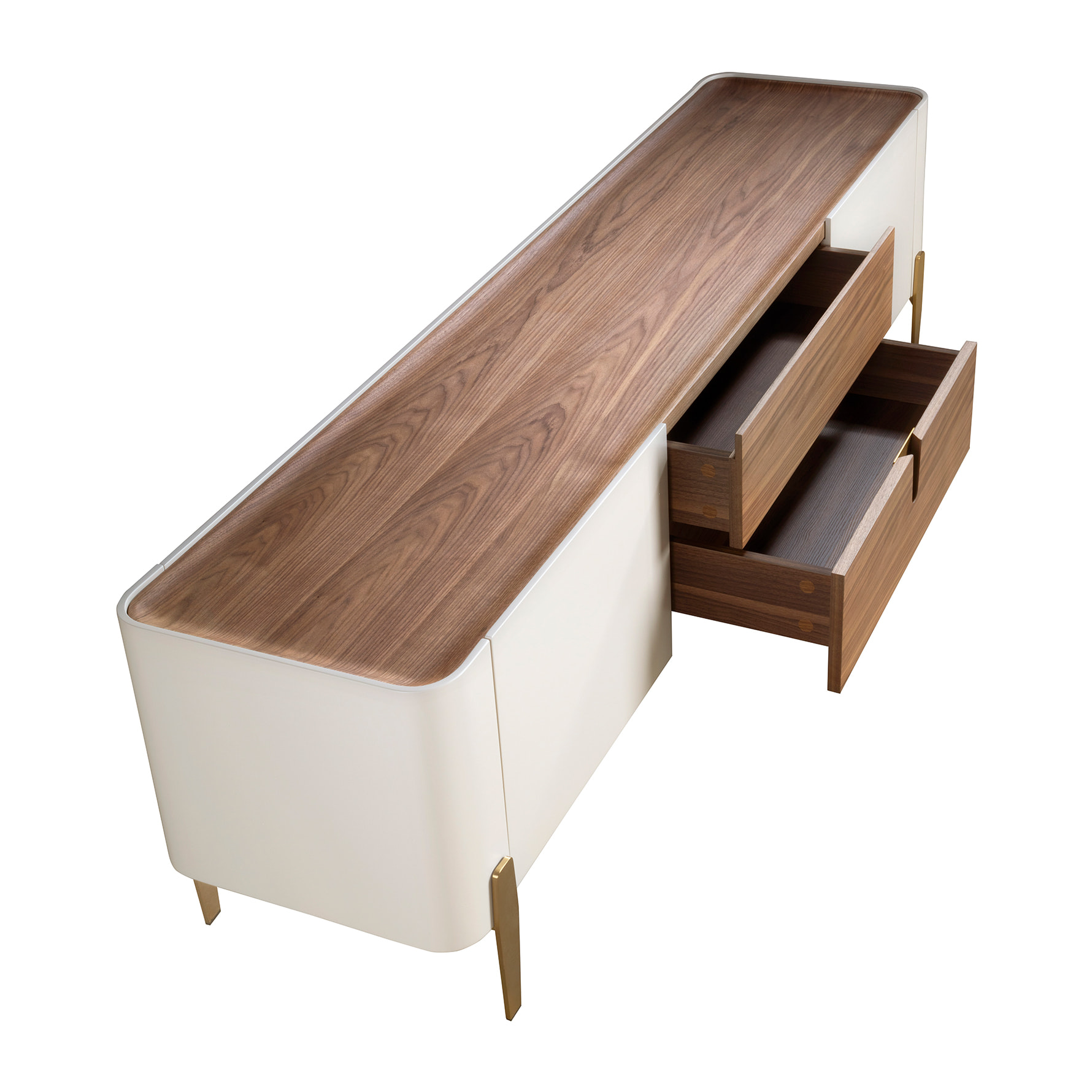 Mueble TV con estructura de madera chapada en nogal natural y madera MDF lacada en beige y unas patas de acero inoxidable pulido en dorado 200x47x54cm