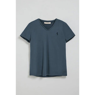 Maglietta blu denim con scollo a V e ricamo Rigby Best