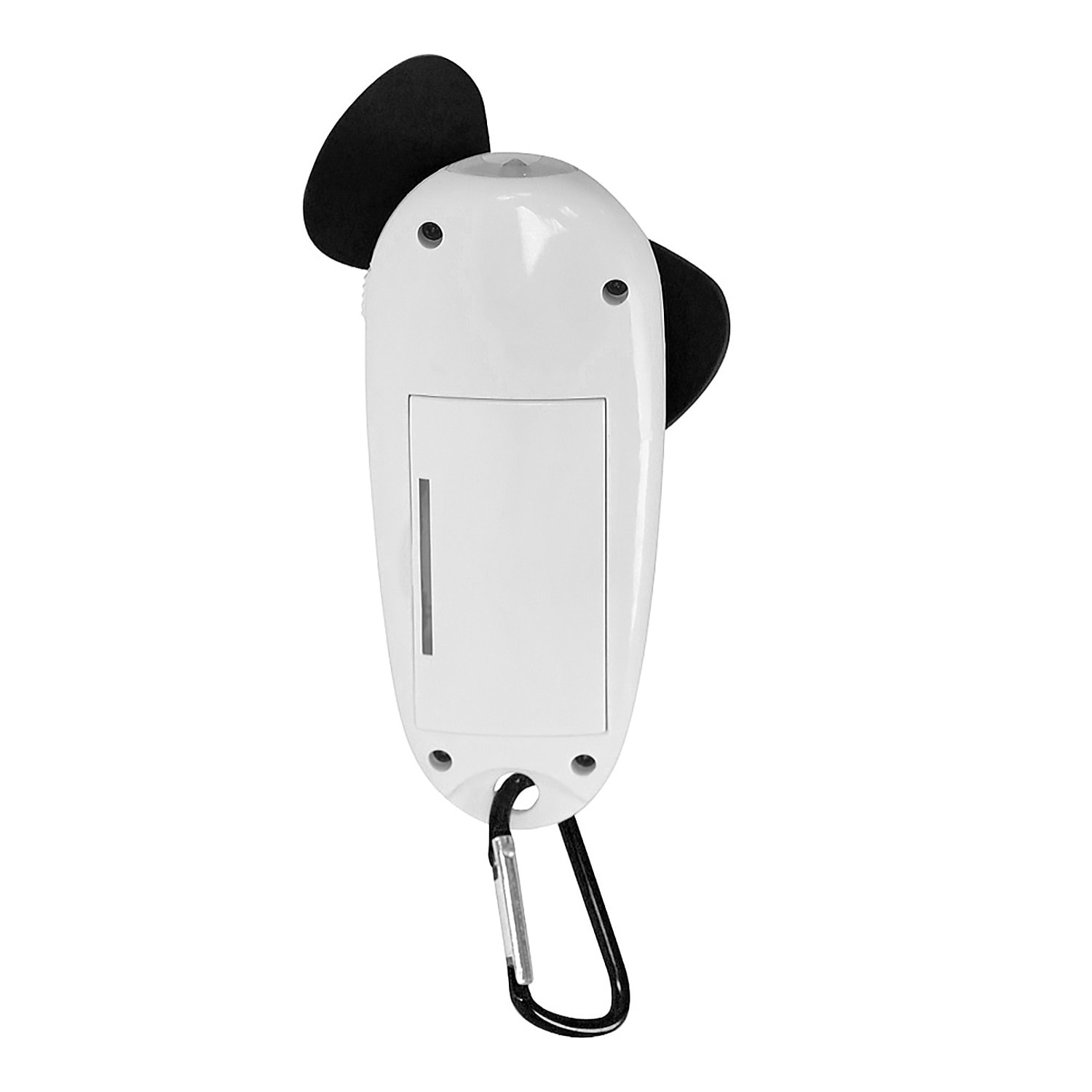 Ventilador portátil con linterna LED integrada y mosquetón para transporte.