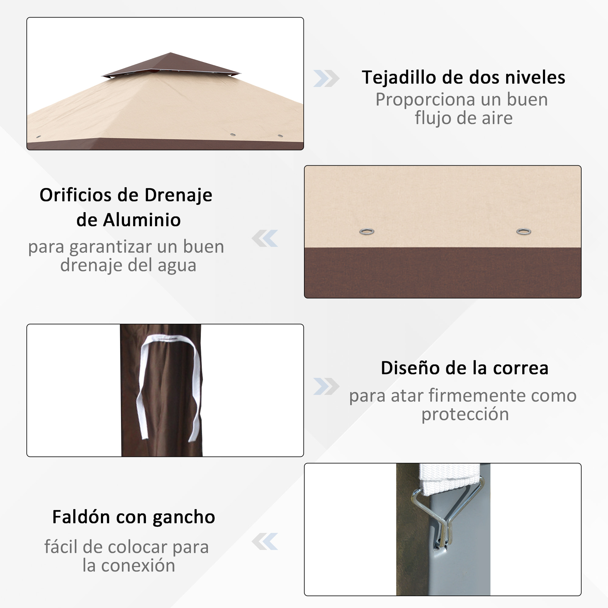 Carpa Plegable 3,85x3,85 m Cenador de Jardín con Doble Techo Altura Ajustable en 3 Niveles y Bolsa de Transporte Impermeable Anti-UV para Fiestas Bodas Caqui y Café