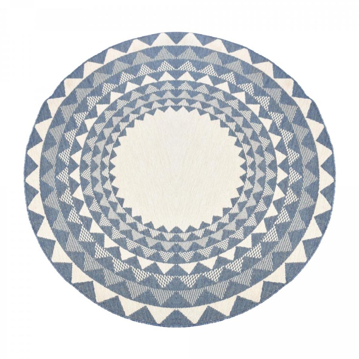 Tapis d'extérieur rond et  Reversible, tapis de grand diamètre blanc et bleu