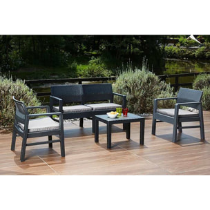 Set salotto da esterno Carpi, Set da giardino con 2 poltrone, 1 divano ed 1 tavolino, Salottino effetto rattan con cuscini, 100% Made in Italy, Antracite