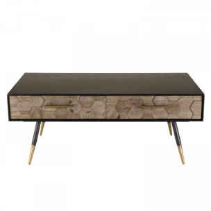 DALIE - Table basse noire rectangulaire 2 tiroirs scandi bois sapin marqueté pieds métal doré