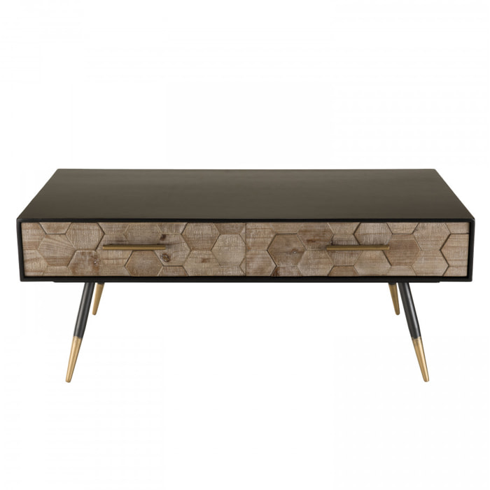 DALIE - Table basse noire rectangulaire 2 tiroirs scandi bois sapin marqueté pieds métal doré