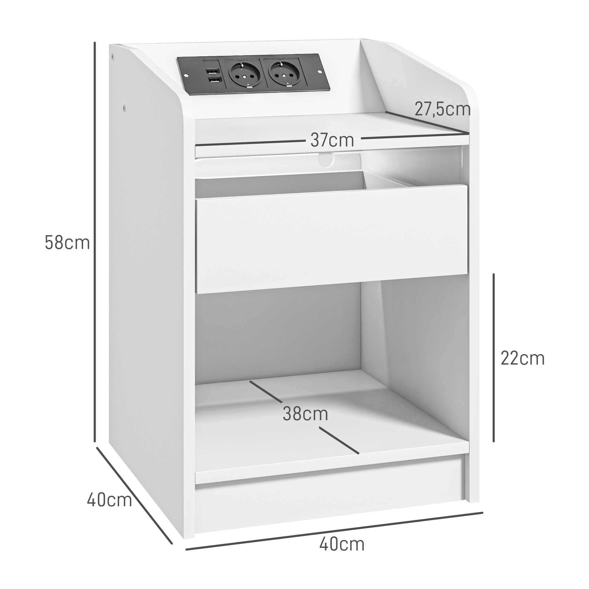 Mesita de Noche Mesilla de Noche con Luces LED Mesa de Noche con Cajón Estante Estación de Carga Puertos USB y Control Remoto 40x40x58 cm Blanco