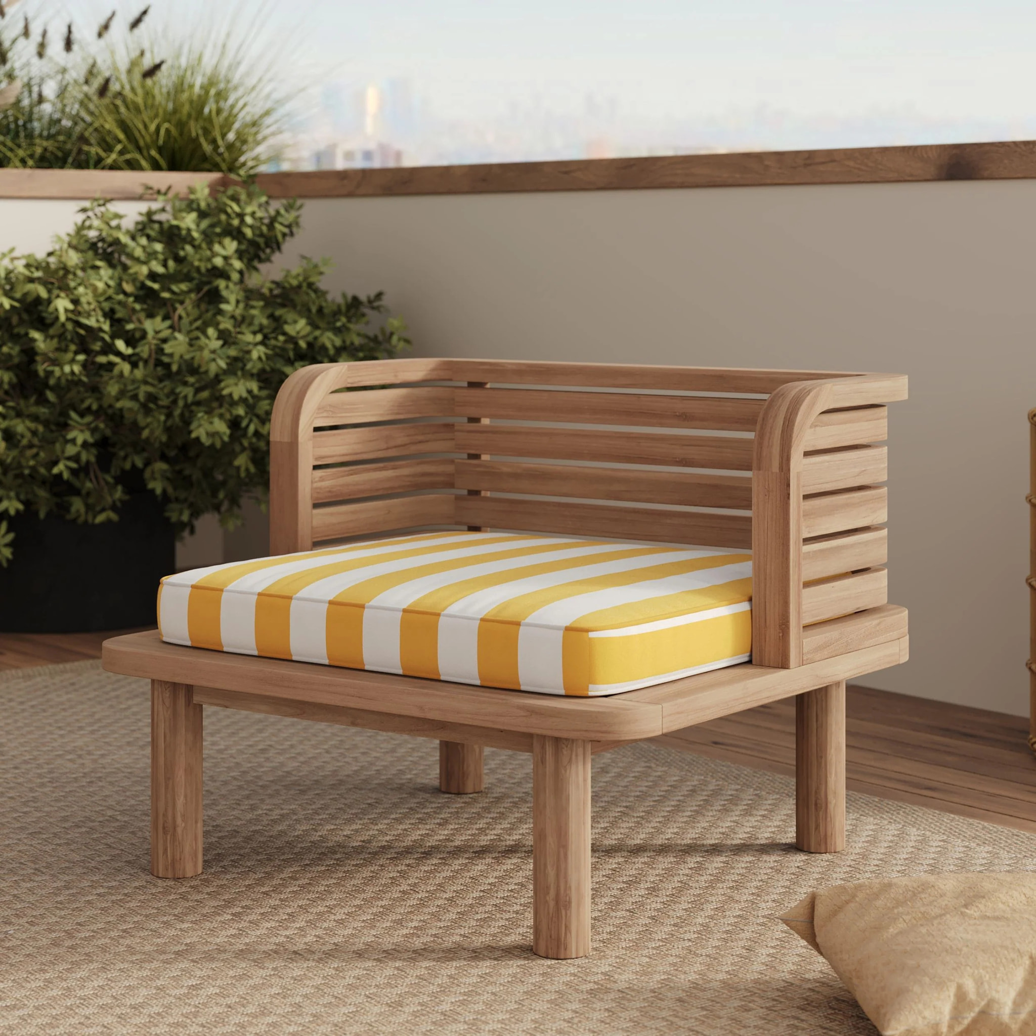 Salon de jardin 2 places en teck, tissu rayé jaune, 2 fauteuils - Kilda