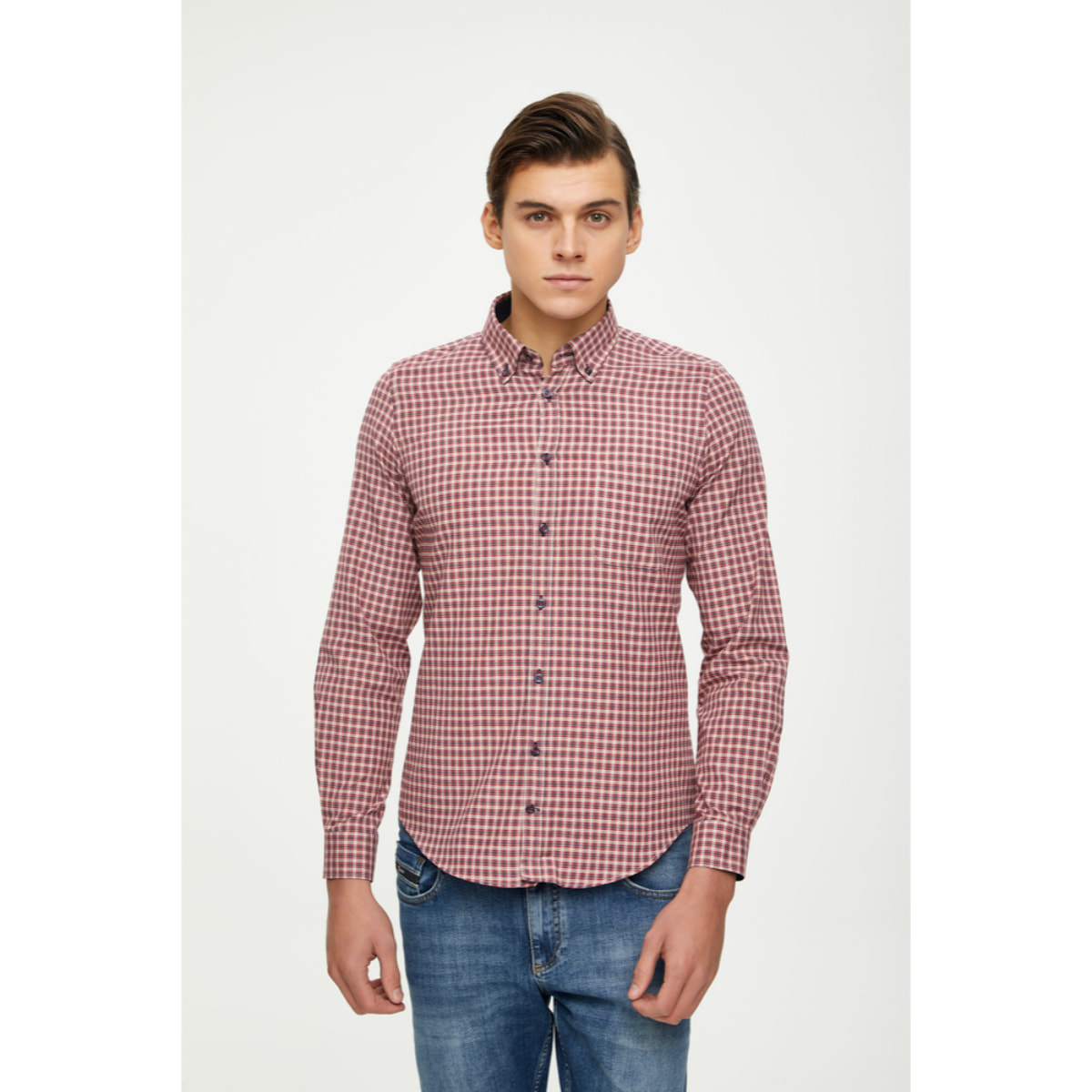Camicia Uomo 1 Bottone Button Down Slim Cotone Poliestere Quadro Medio Blu\Rosso