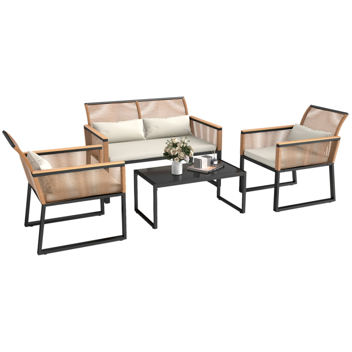 Conjunto de Jardín Exterior 4 Piezas de Ratán Sintético Muebles Jardín Exterior con 2 Sillones 1 Sofá de 2 Plazas y Mesa de Centro con Tablero de Vidrio Templado Natural y Crema