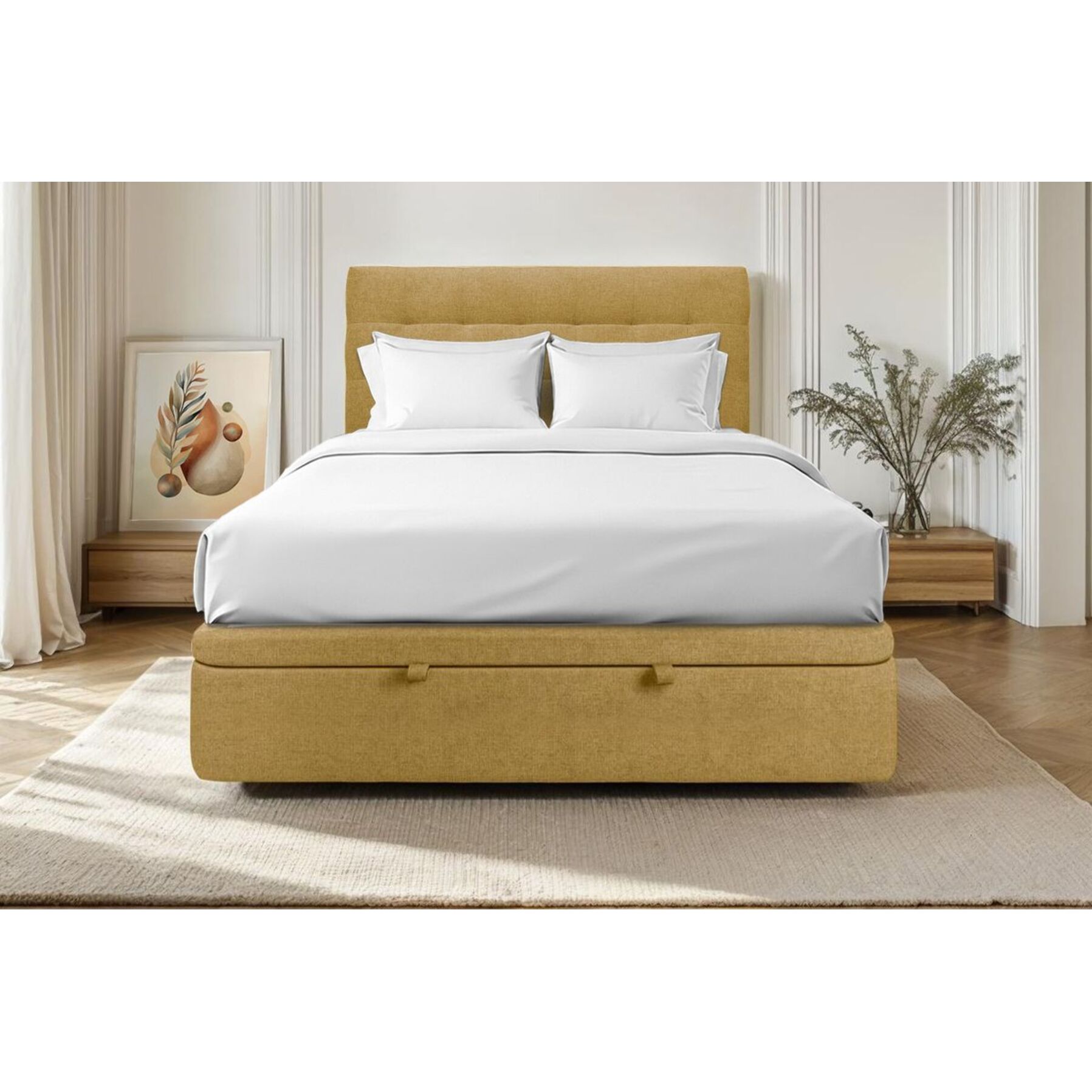 Lit avec sommier et tête de lit capitonnée - Toile nattée - Adapté à tous les matelas, montage rapide - Hauteur Totale : 39cm - Finition soignée