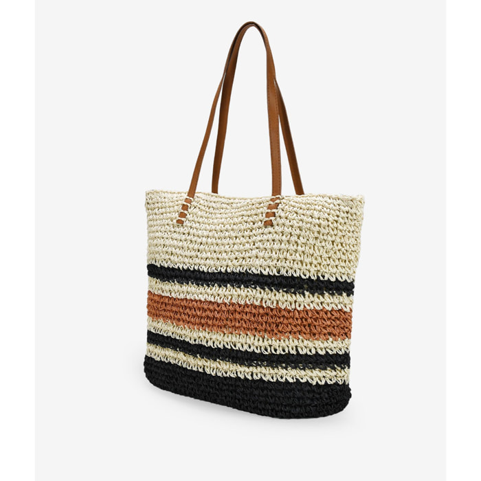 Bolso de playa beige en rafia con rayas