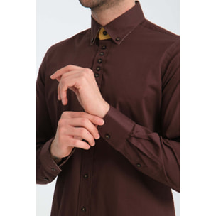 Camicia Uomo 1 Bottoni Button Down Slim Popeline Stretch Unito Marrone