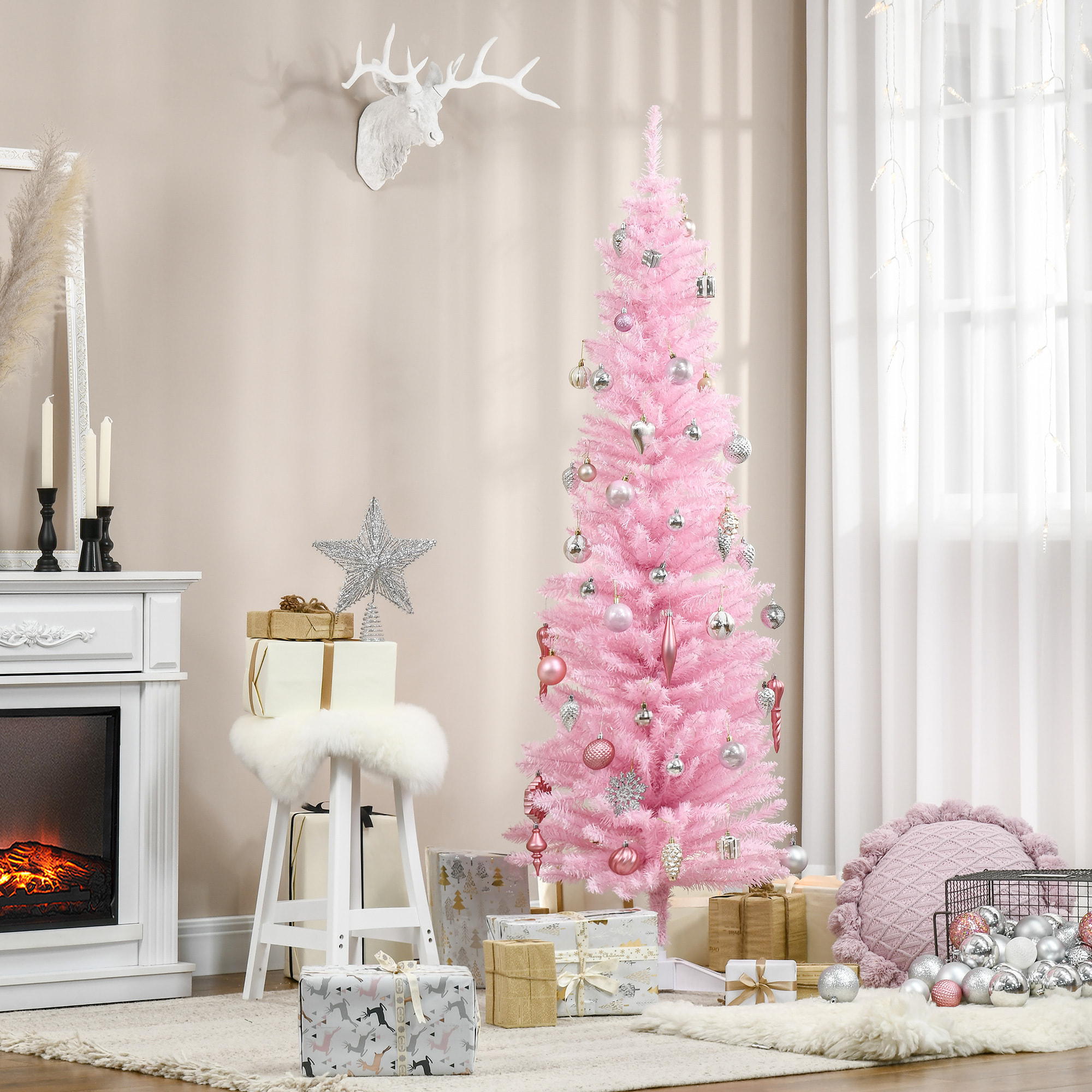 Árbol de Navidad 180 cm Árbol de Navidad Artificial Grande con 390 Puntas de Rama Decoración Navideña para Interiores Fácil de Montar Rosa