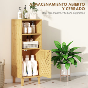 Armario de Baño Estrecho Mueble Auxiliar de Baño 32x30x90 cm con 2 Estantes Abiertos Puerta y Patas de Bambú Estilo Moderno para Espacios Pequeños Natural