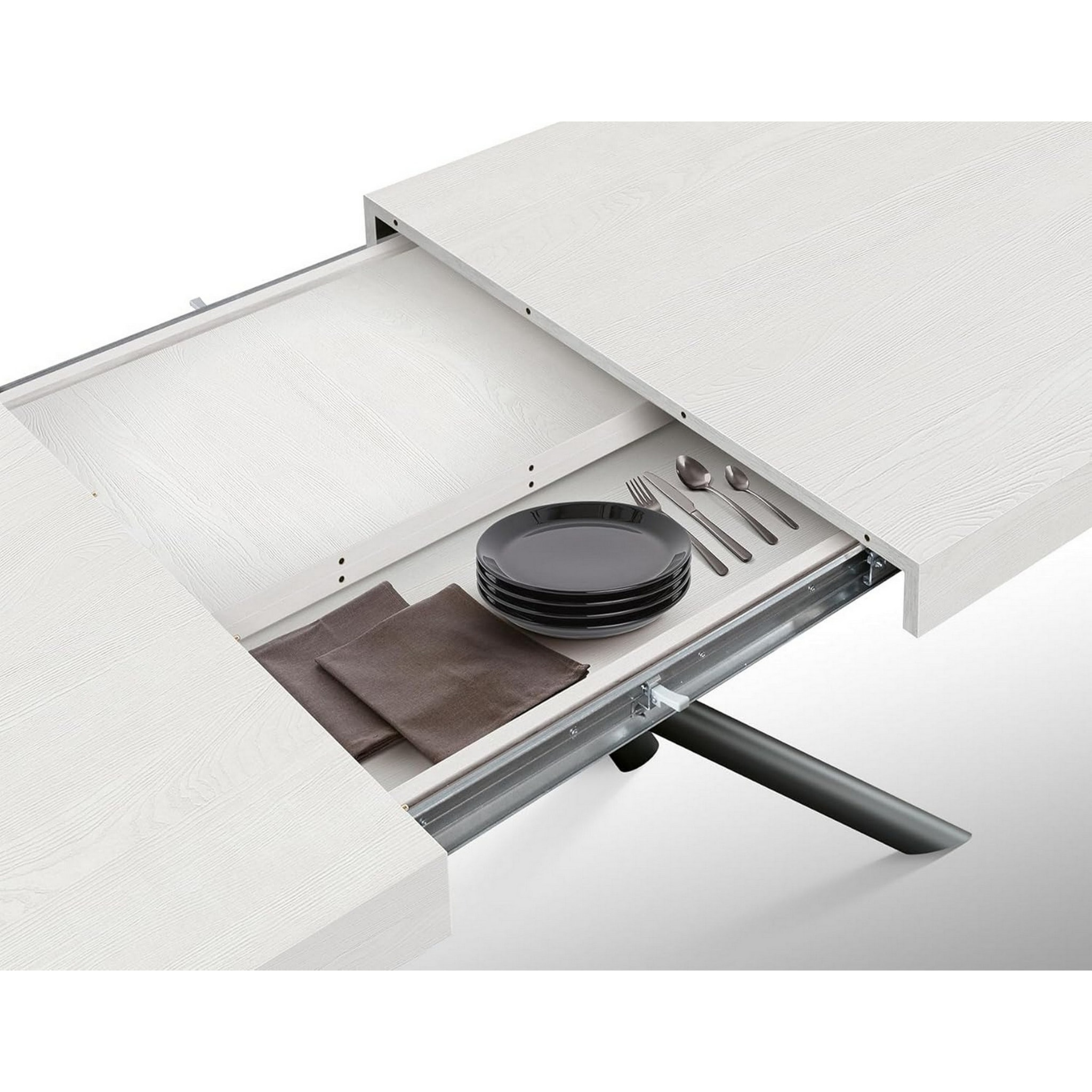 Tavolo CARRARA in legno, finitura bianco frassinato e base in metallo verniciato antracite, allungabile 160x90 cm - 240x90 cm