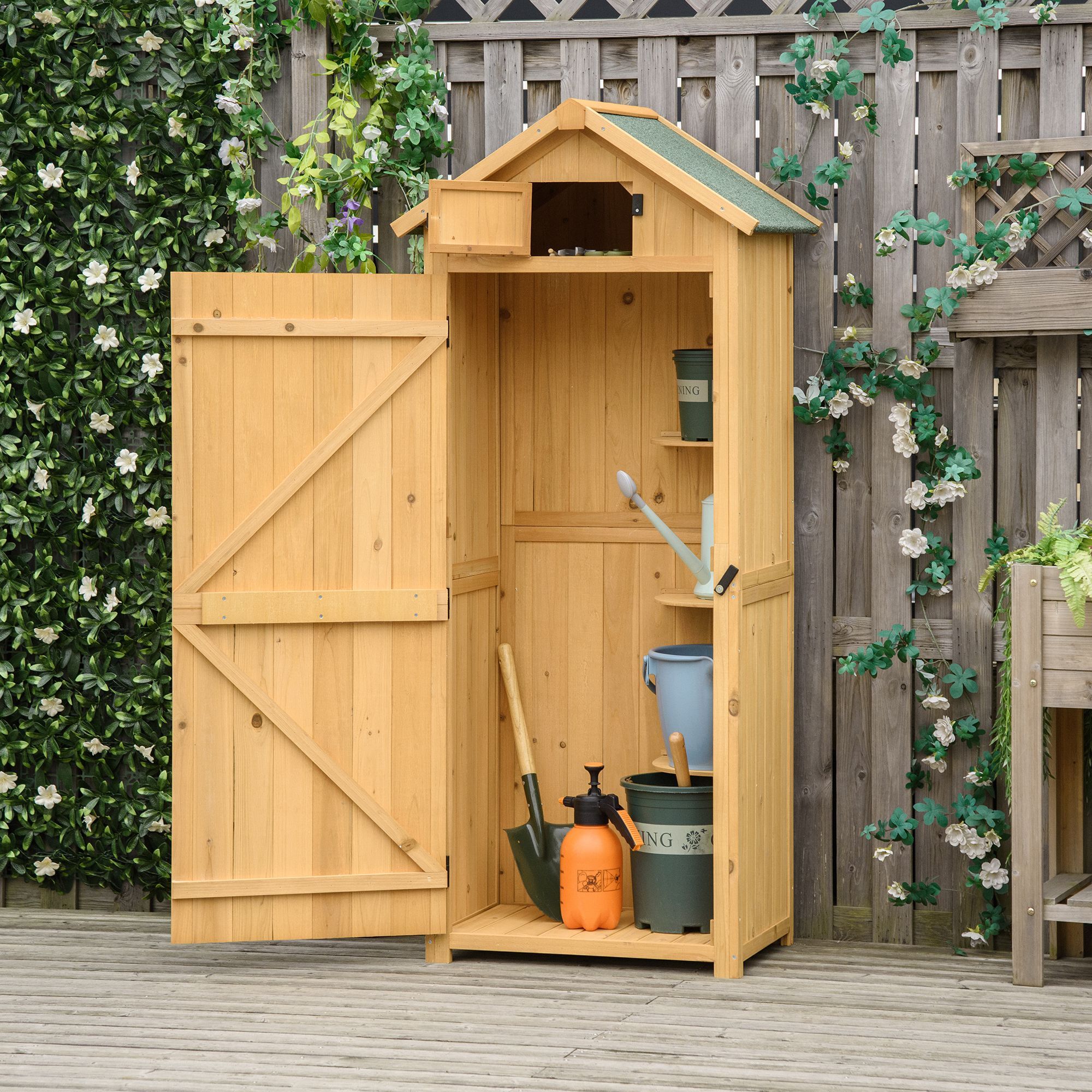 Armoire abri de jardin remise pour outils 3 étagères 2 portes loquets toit pente bitumé 77L x 54l x 179H cm sapin traité lasuré