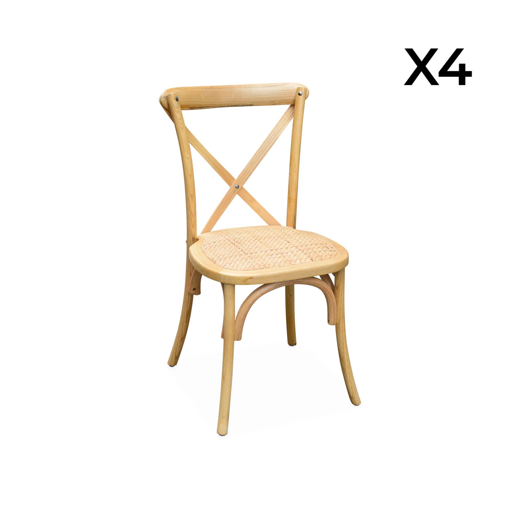 Lot de 4 chaises de bistrot en bois de cédrèle naturel. vintage. assise en rotin. empilables