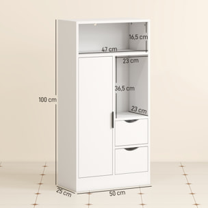 Mueble de Baño Estrecho Armario de Baño con 2 Cajones Compartimento Abierto y Estantes Ajustables para Espacio Pequeño Cocina Salón 50x25x100 cm Blanco