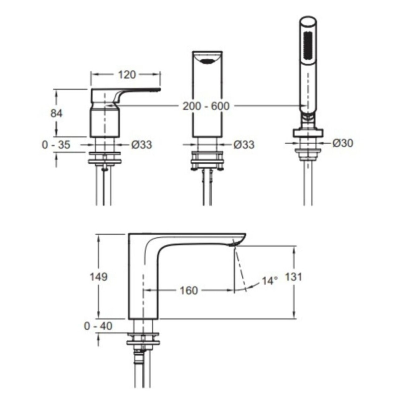 Mitigeur baignoire Aleo+ 3 trous + pommeau de douche + flexible
