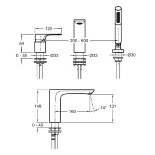 Mitigeur baignoire Aleo+ 3 trous + pommeau de douche + flexible