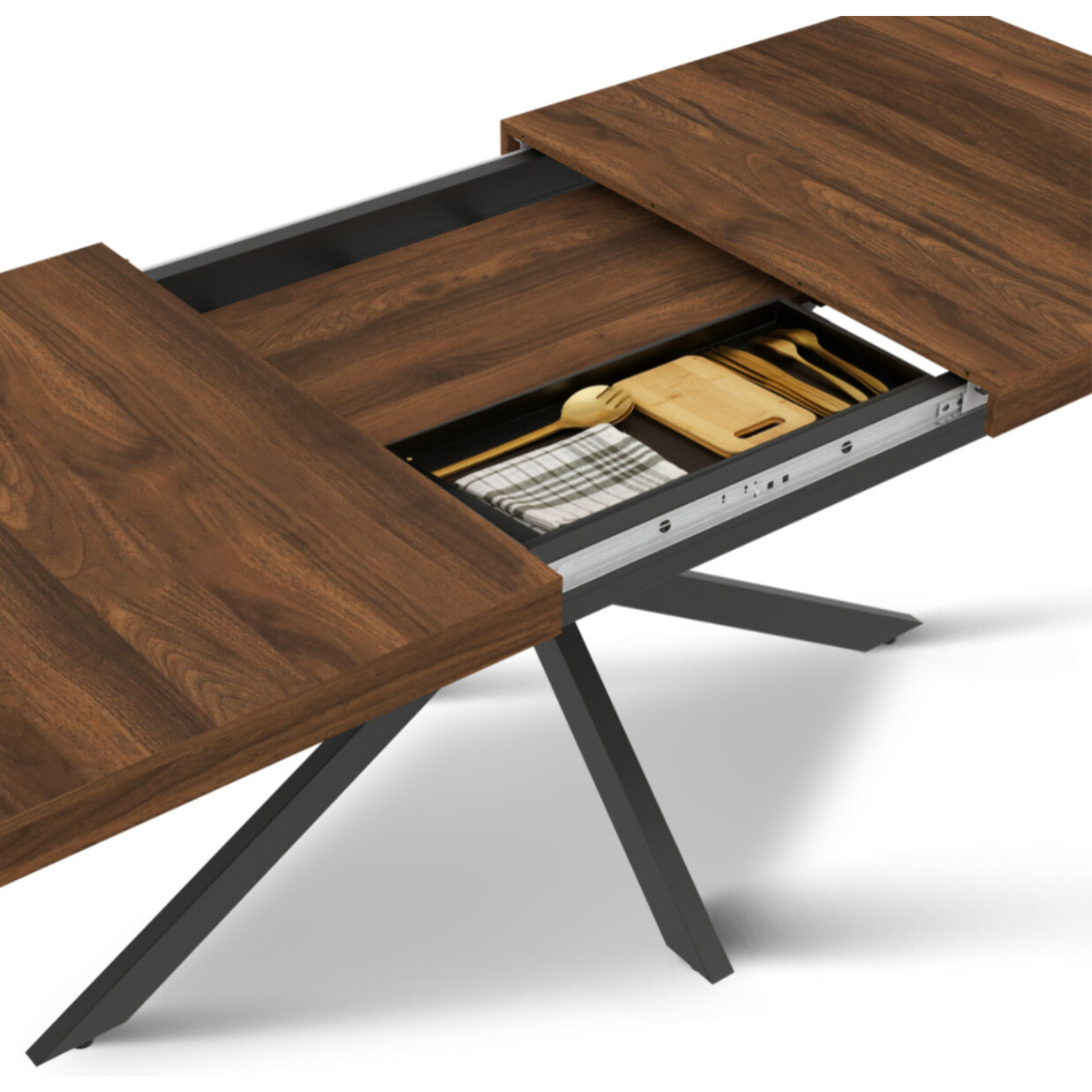 Tables repas extensibles Spider plateau bois et pieds croisés - Bois noyer