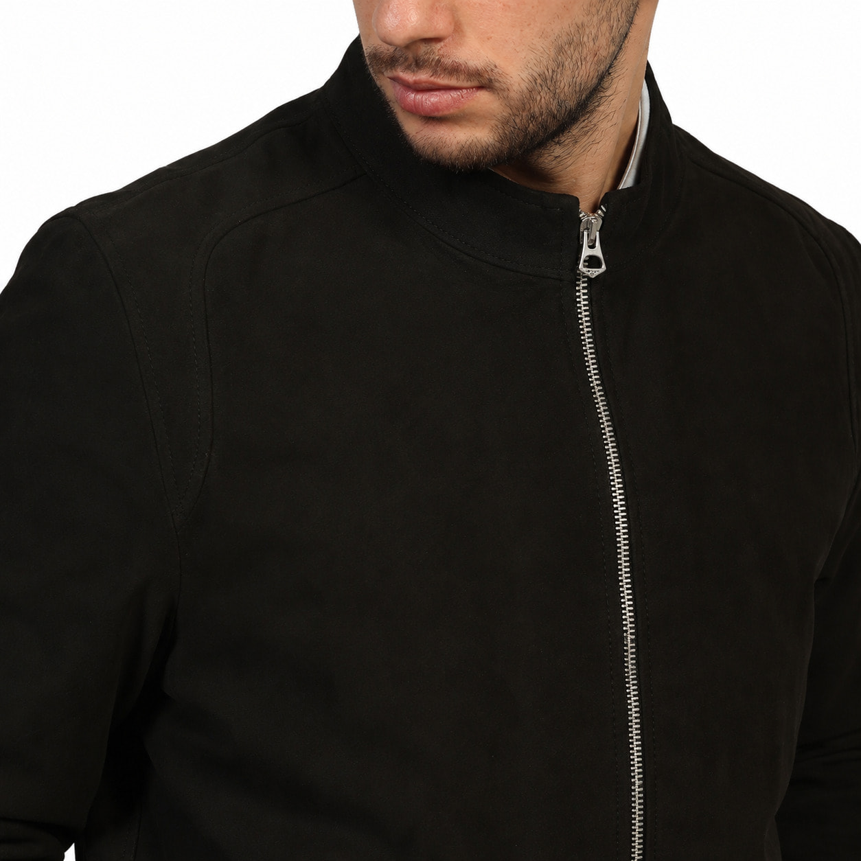 Giubbino in vera pelle di vitello scamosciata Nero-Slim Fit