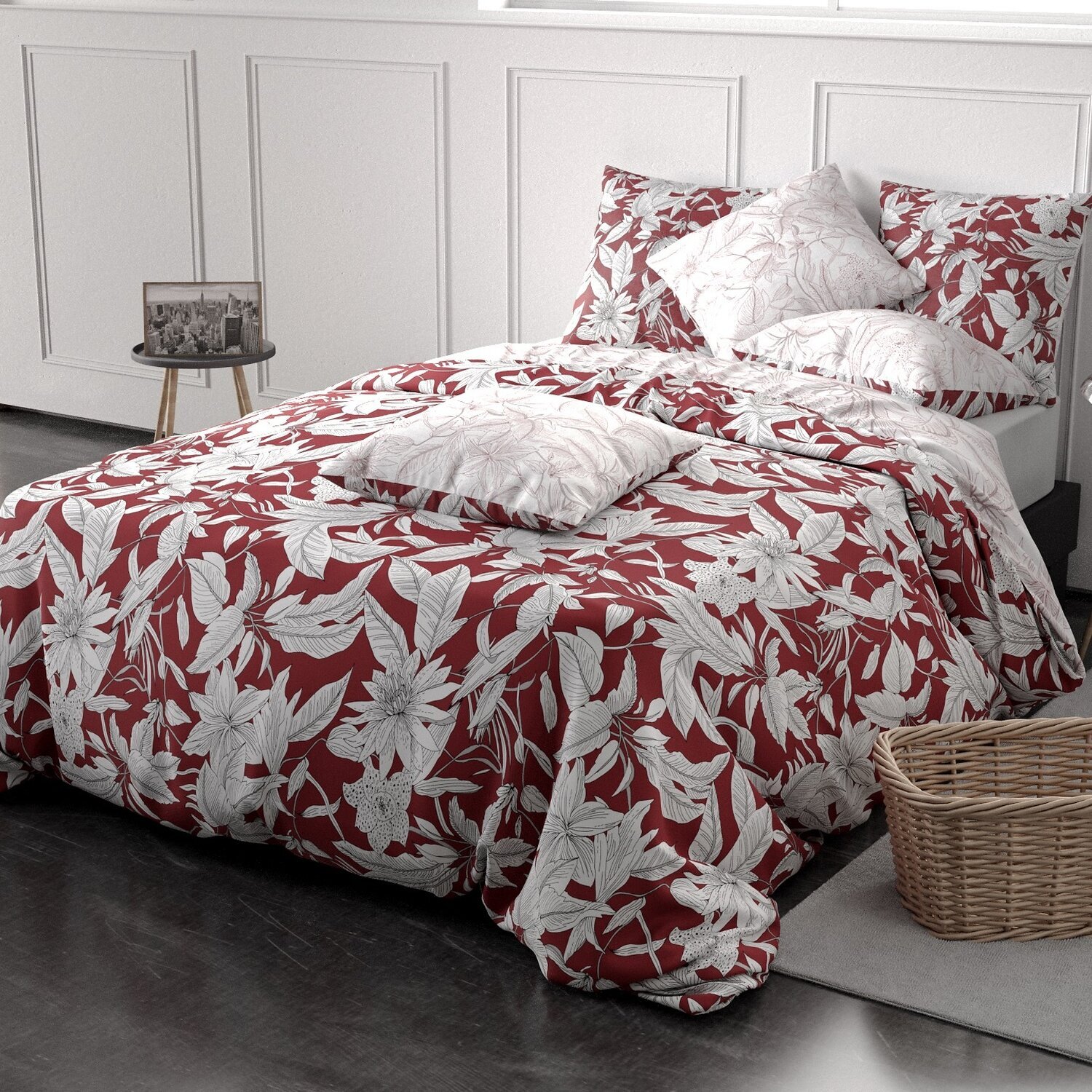 Parure housse de couette imprimé 100% coton - bonheur - rouge