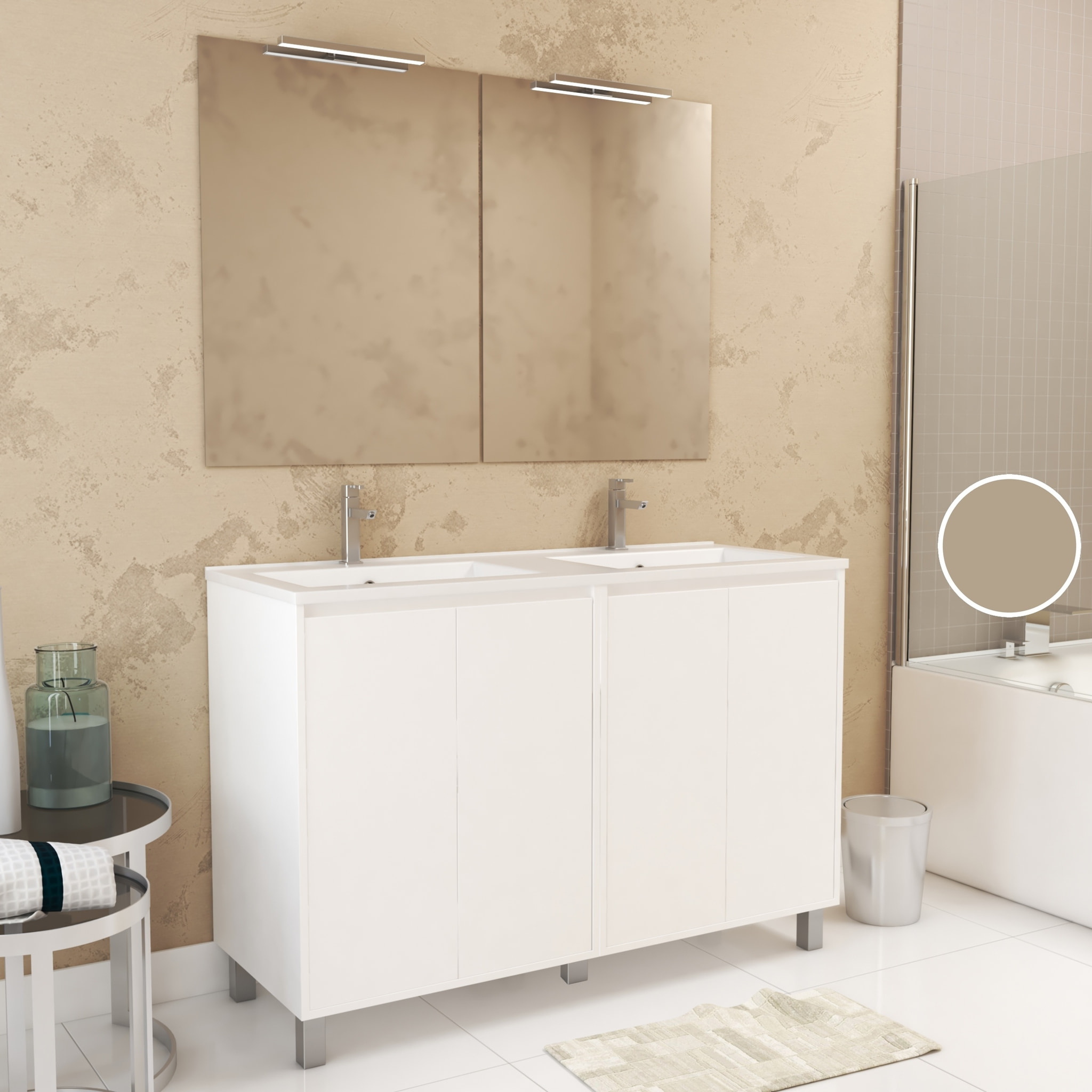 Meuble Salle de Bains 120 cm Laqué Blanc 4 Portes, Vasque, Miroirs 60x80 et Réglettes Led - XENOS