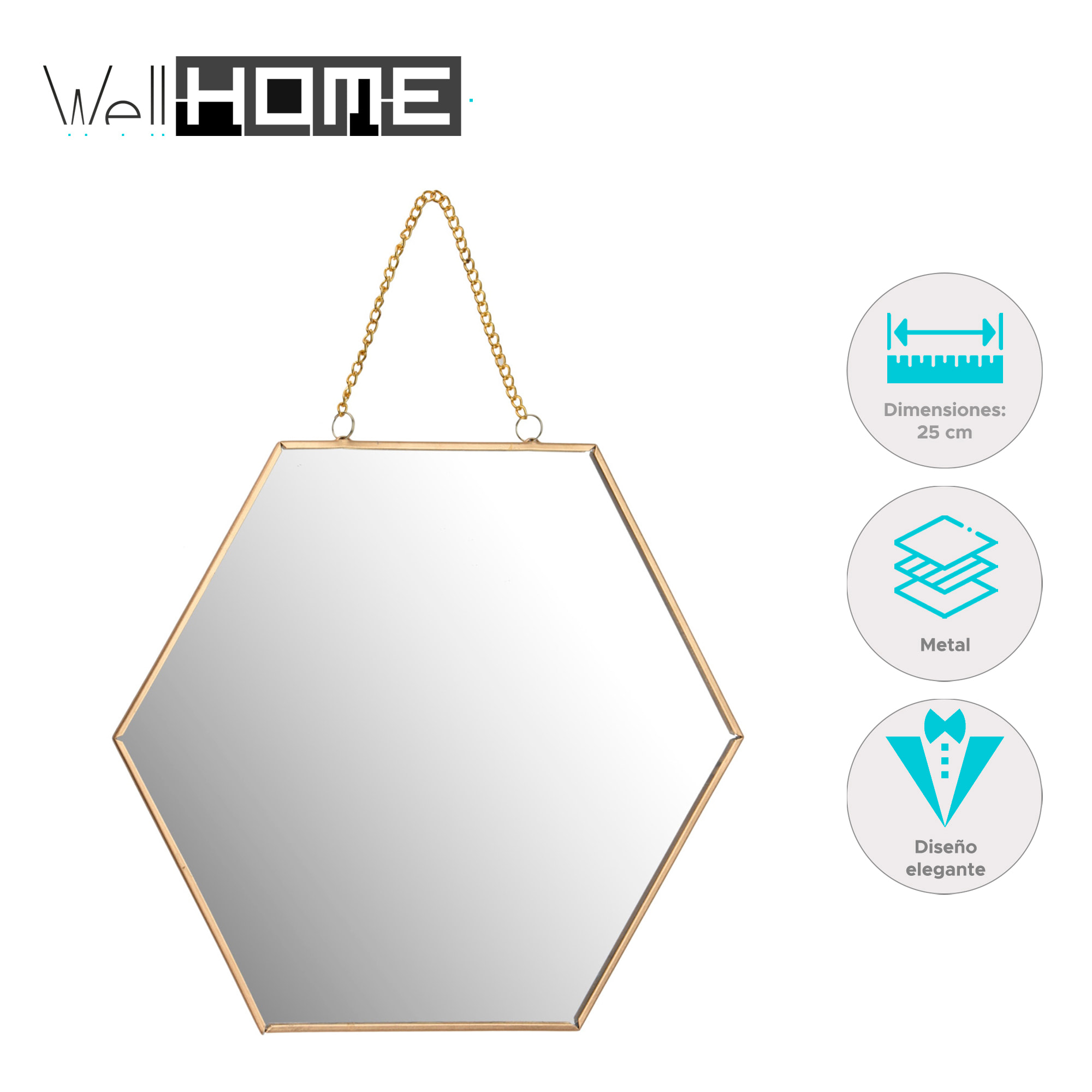 Espejo de pared en forma de panal, estructura metálica dorada 25cm, grosor 0,3cm