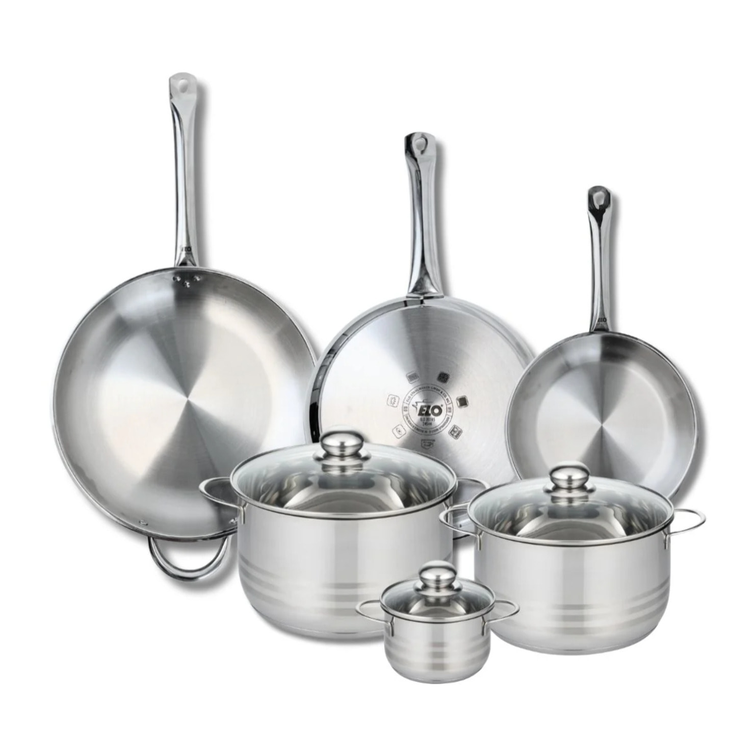 Ensemble de 3 Poêles de cuisson 24, 28 et 32 cm et 3 faitouts 12, 20 et 24 cm Elo Profi Brillant
