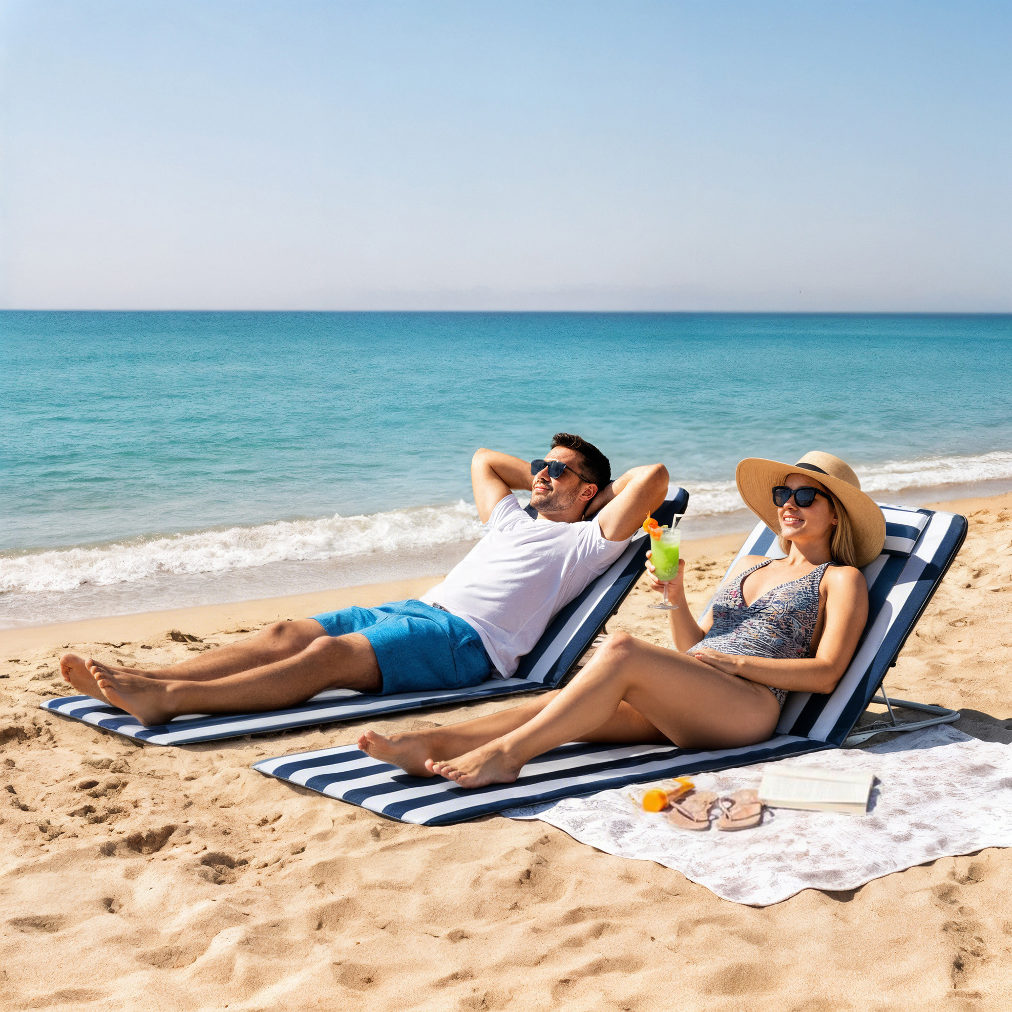 Conjunto de 2 Esterillas de Playa Plegables, Esterillas con Respaldo Reclinable en 5 Niveles, Reposacabezas y Bolsa de Transporte, 134x48x33-43 cm, Rayas Blanco y Azul