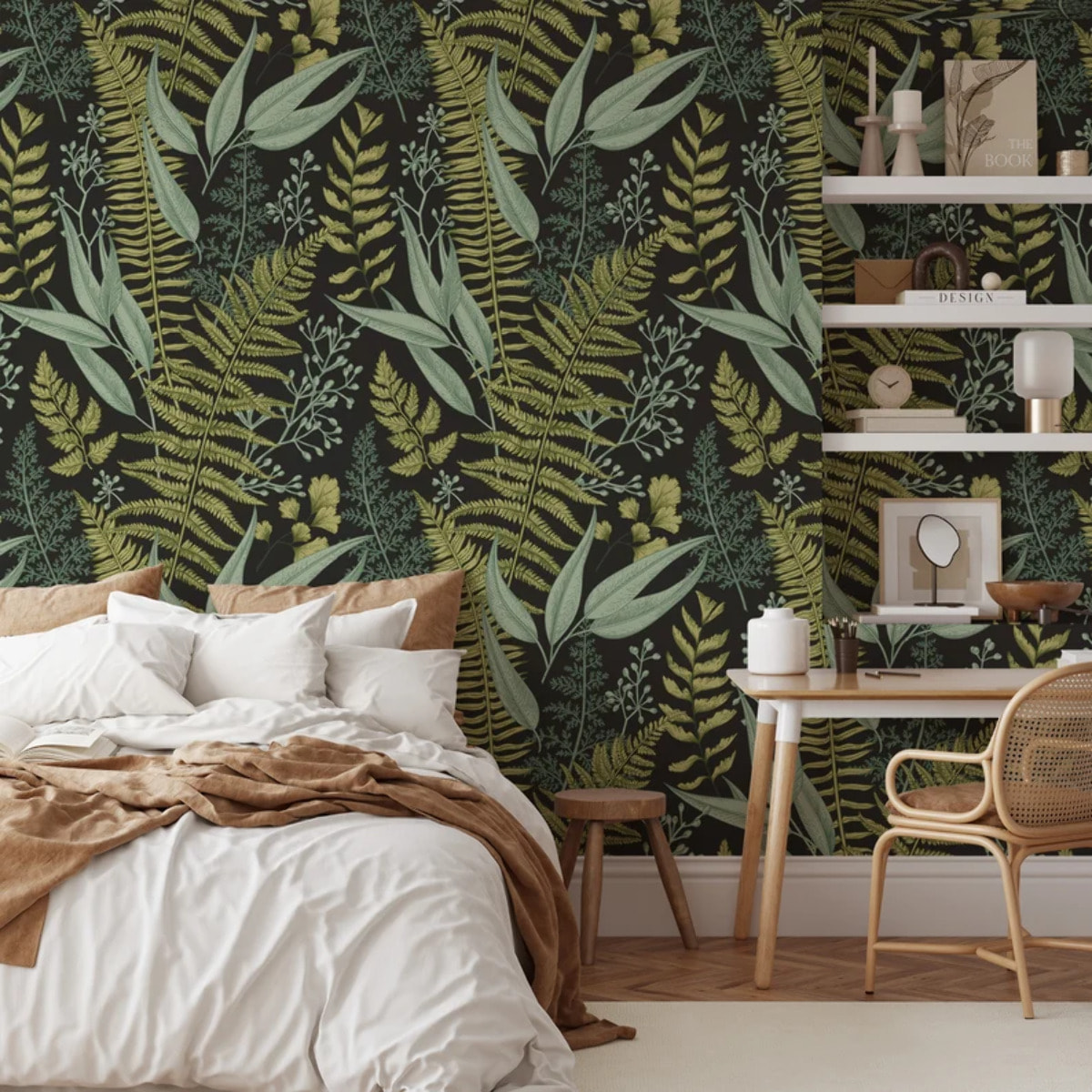 Carta da Parati Illustrazioni Botaniche Nera e Verde