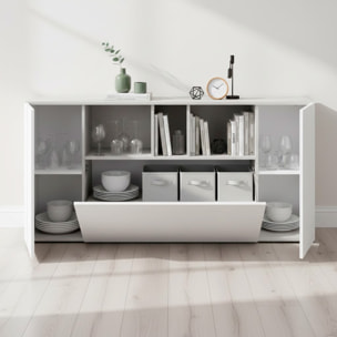Credenza Moderna Madia A 3 Ante Con Vani a Giorno Mobile Contenitore Salvaspazio Da Terra Ripiani Regolabili 150 x 41 x 76 Cm Bianco e Grigio Cemento