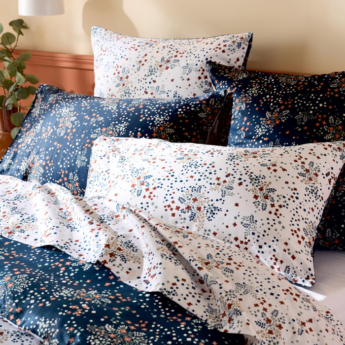 Taie d’oreiller satin de coton 110 fils motif floral - Bleu Marine