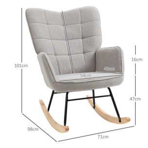 Fauteuil à bascule rocking chair design - structure acier piètement bois tissu effet laine bouclé gris