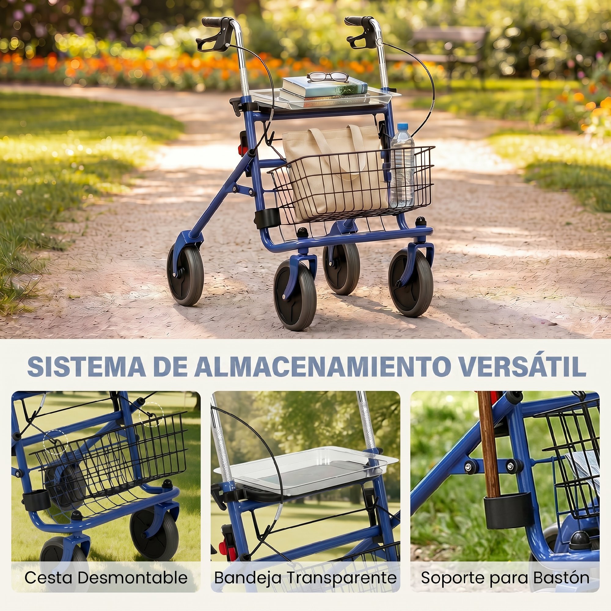 Andador para Ancianos Plegable, Andadores Adultos para Personas Mayores con Asiento y 4 Ruedas Altura Ajustable Frenos de Maneta Cesta Bandeja y Porta Bastón Azul