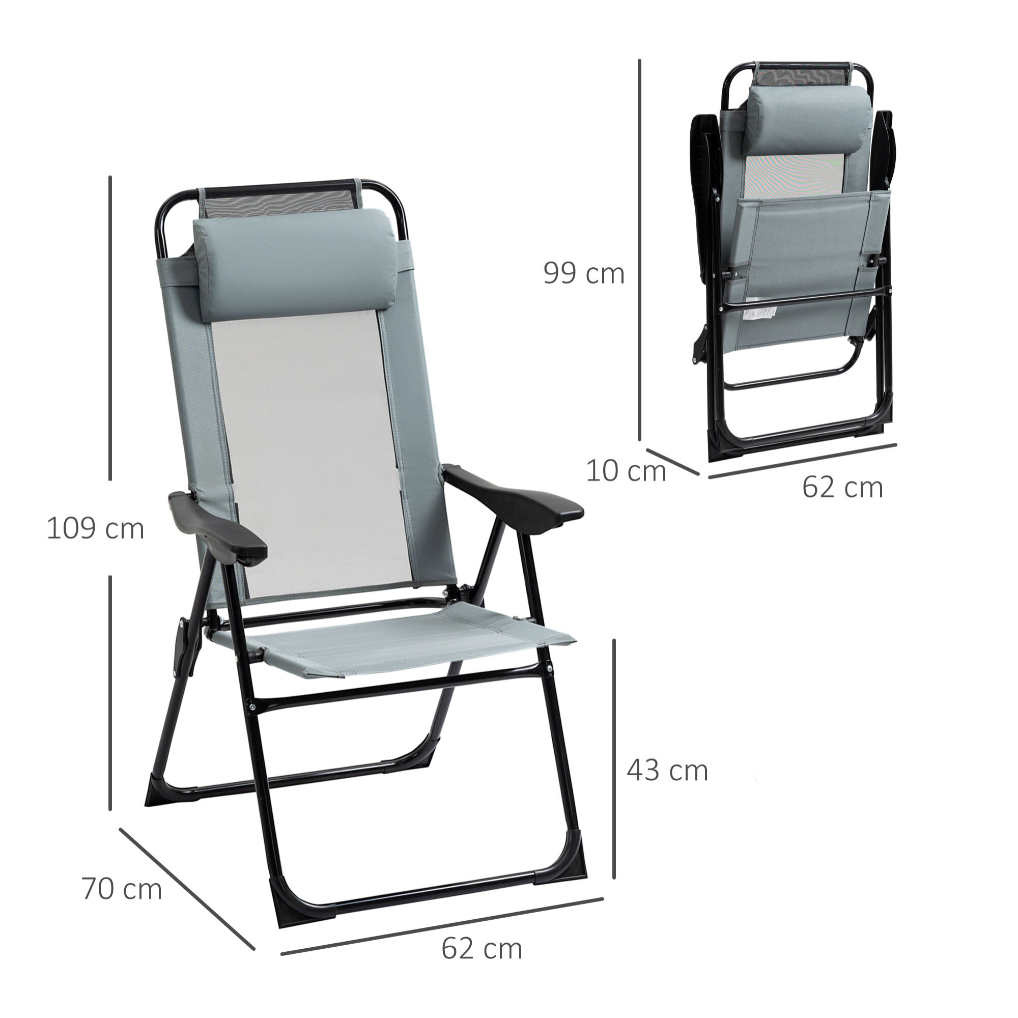 Lot de 2 chaises de jardin camping pliables - dossier inclinable 5 positions - tétière incluse - acier époxy oxford textilène gris